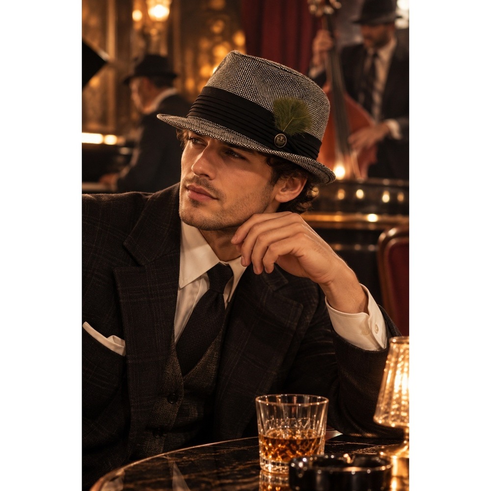 Goorin Bros Fedora Hat Medium Black White Tweed Feather Trim Logo Pin
